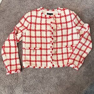 Ann Taylor Red and White Tweed Cropped Blazer